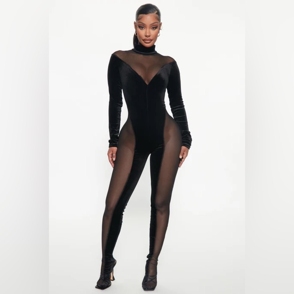 Everything I Need Mesh Jumpsuit - Black Black Sheer Velvet Bodysuit
